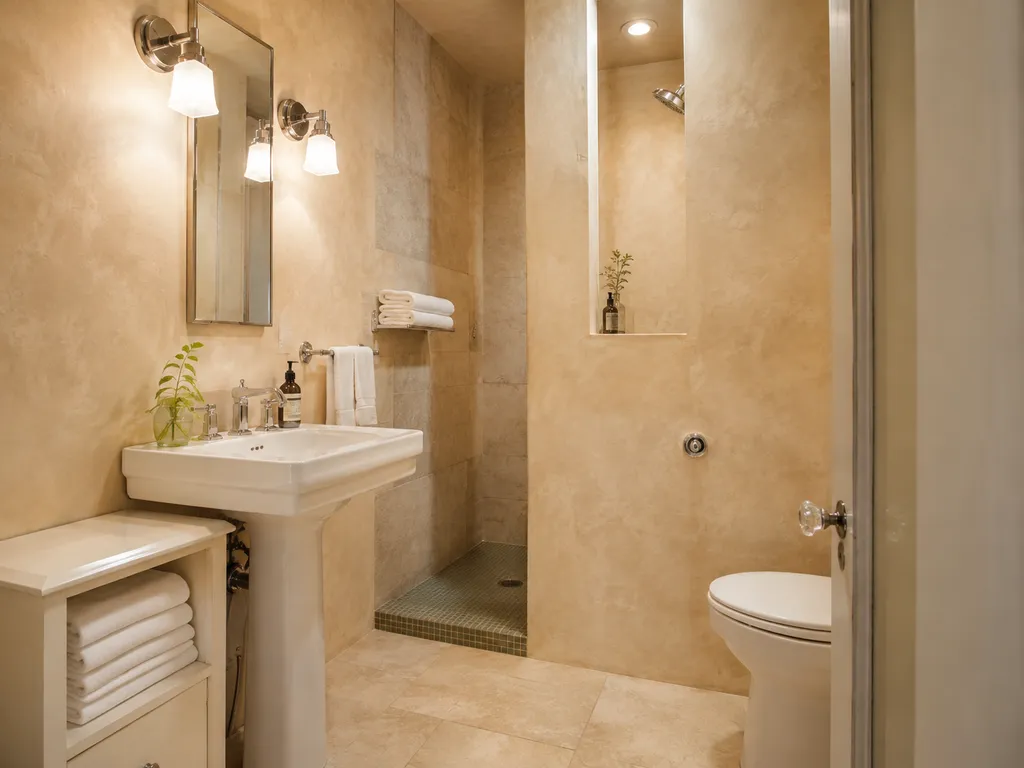 A bathroom with a sink, mirror, and shower stall.
